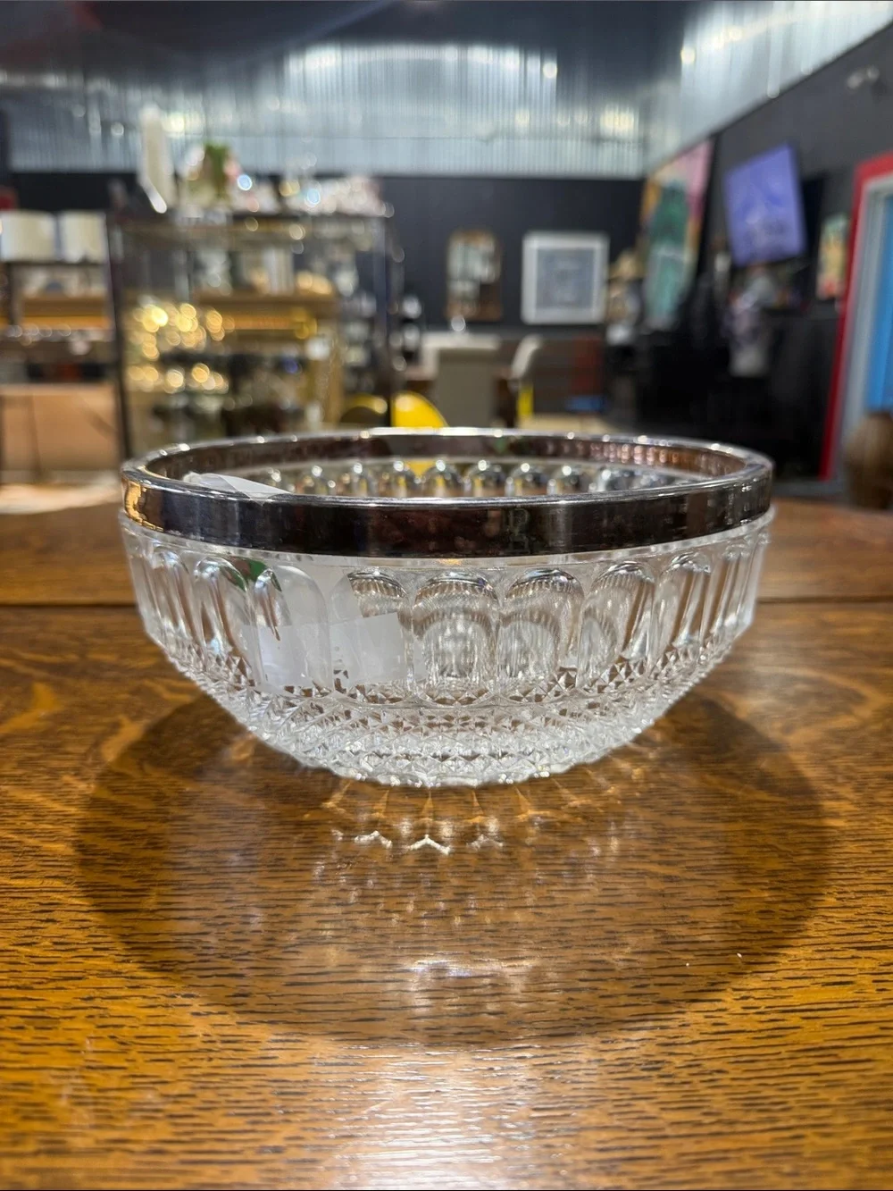 Cut Glass Serving Bowl with Silver-Tone Rim - Clear